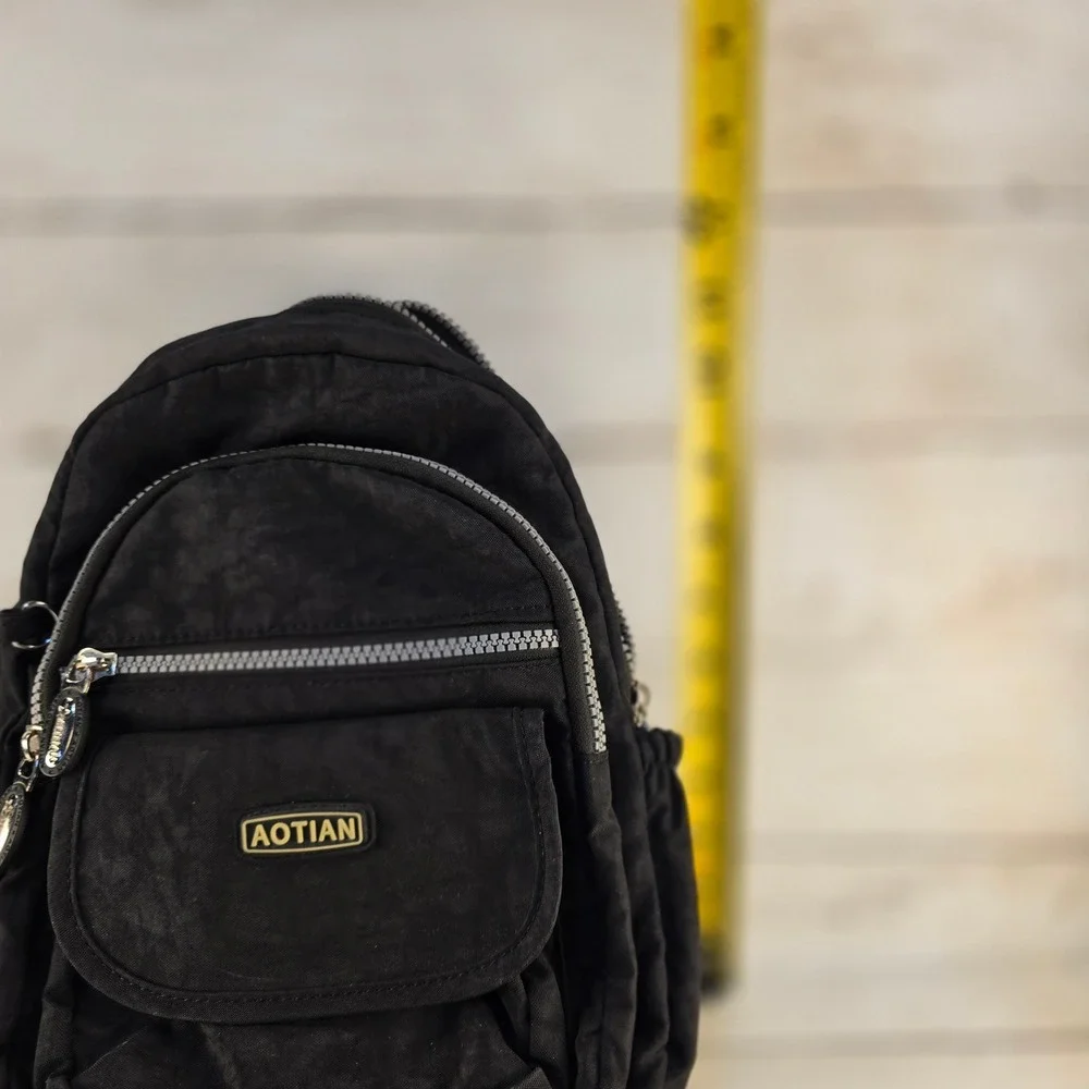 Aotian Black Nylon Mini Backpack Small Travel Bag Lightweight Multi-Pocket